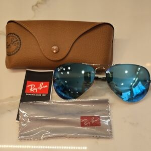 Ray-Ban Metallic Frame Aviator Sunglasses with Blue Lenses